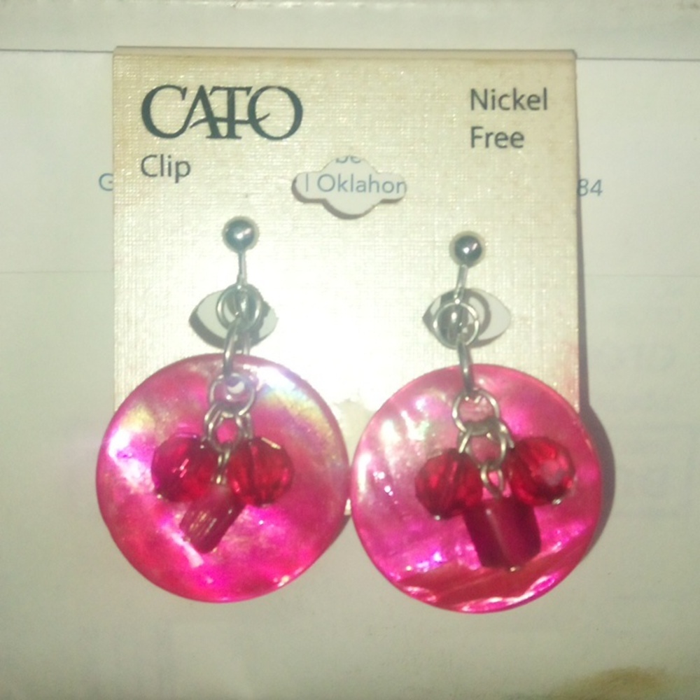 Dark Pink/silver "CATO" Screw/Clip on circle w/ beads earrings *Vintage* See pic